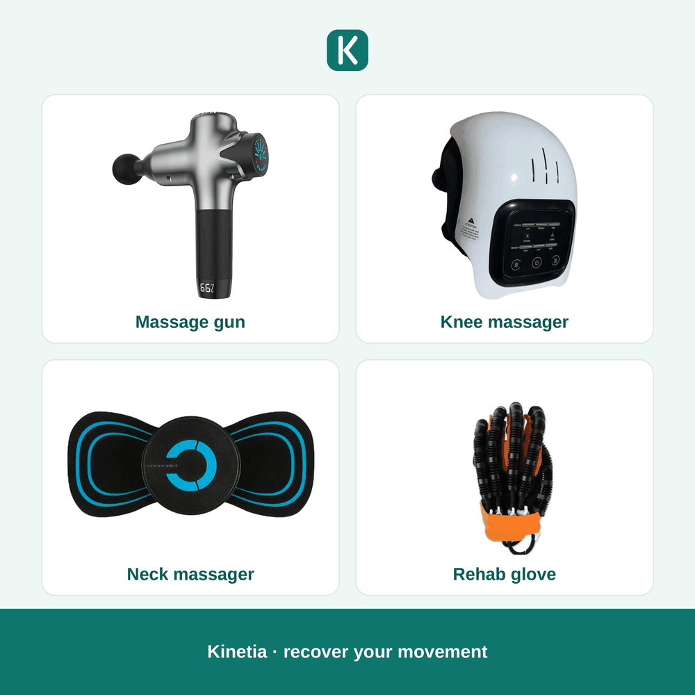 Kinetia recovery essentials — massage gun, knee massager, neck massager and rehab glove