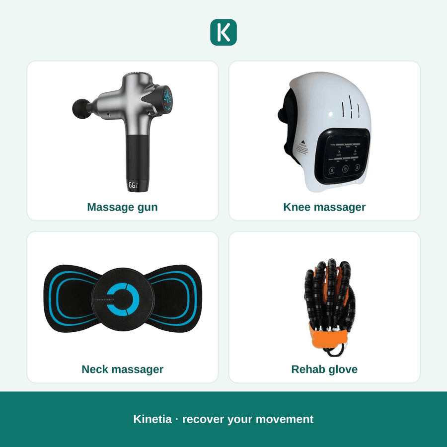 Kinetia recovery essentials — massage gun, knee massager, neck massager and rehab glove